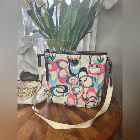 Coach Scribble IKAT Logo multi colored on tan background Crossbody Bag - Picture 1 of 11